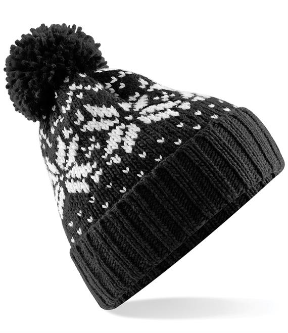Beechfield Fair Isle Snowstar Pom Beanie – Schwarz-Weiß