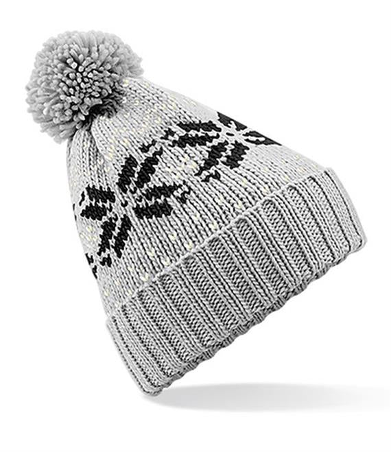 Beechfield Fair Isle Snowstar Pom Beanie – Hellgrau/Schwarz/Gebrochenes Weiß