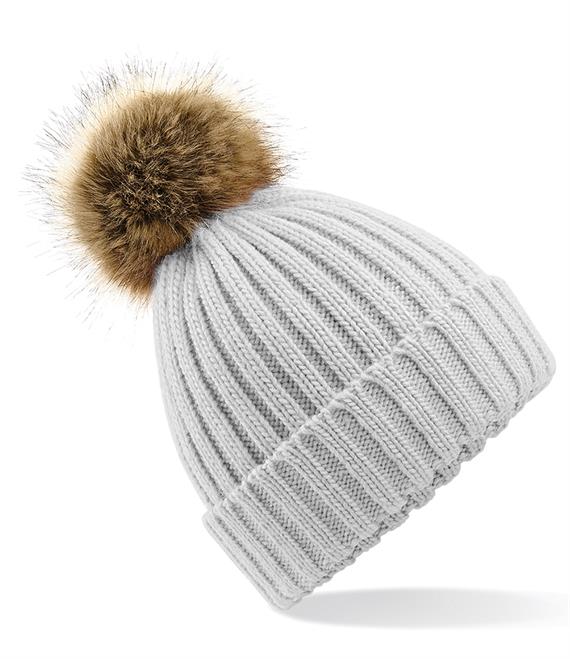 Beechfield CHUNKY Faux Fur Pom Beanie - Light Grey