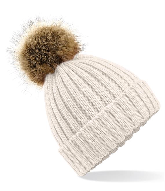 Beechfield CHUNKY Faux Fur Pom Beanie - Oatmeal