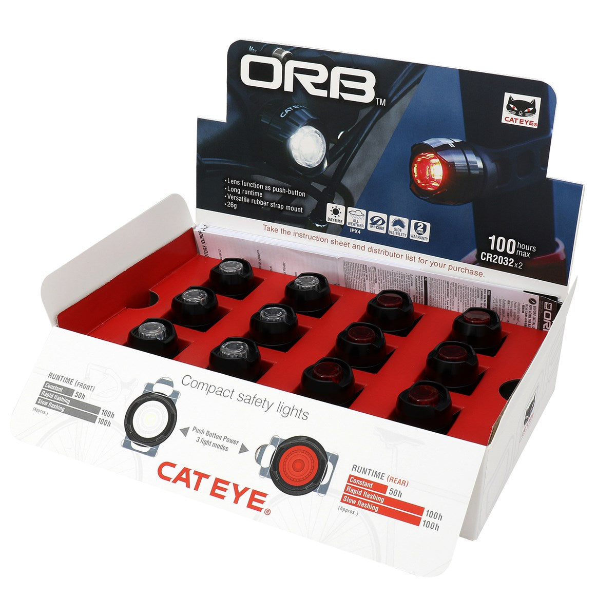 CATEYE ORB FRONT & REAR BIKE LIGHT RETAIL BOX KIT (12PCS)