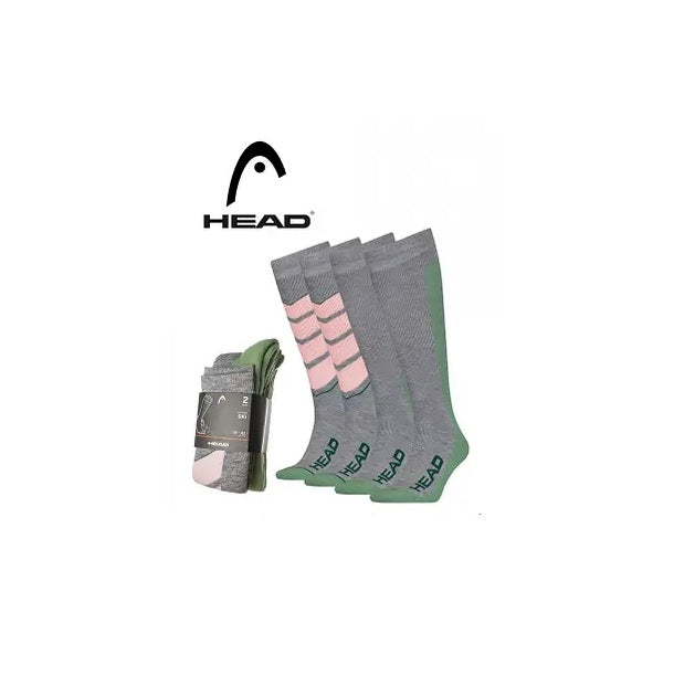 HEAD V-Shaped Ski Socks - 2-Pack Mixed (Green/Pink/Grey)
