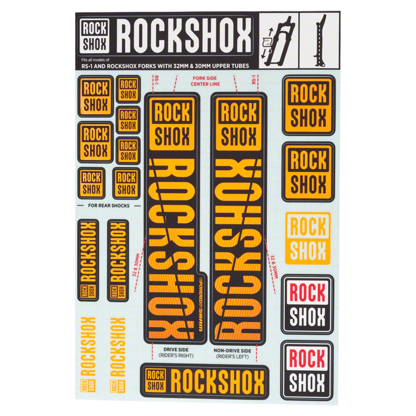 ROCKSHOX SPARE - FRONT SUSPENSION DECAL KIT 30/32MM NE02 ORANGE MY18 - SID/REBA/REVELATION(PRE 2018)/SEKTOR/RECON/XC32/30G/30S/XC30