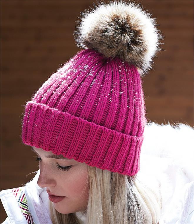 Beechfield CHUNKY Faux Fur Pom Beanie - Fuchsia Pink