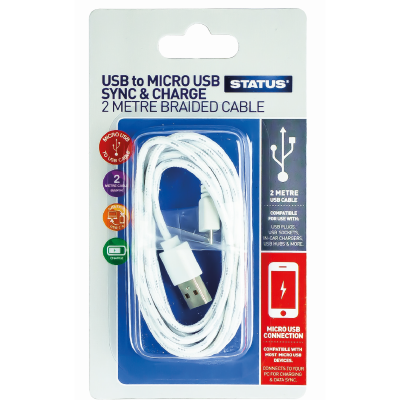 Câble de charge tressé Status Micro USB 2 Mtr (6 par boîte)