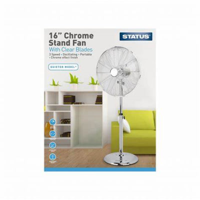 Status Ventilateur sur pied chromé de 16 po, lame en plastique, 1 paquet